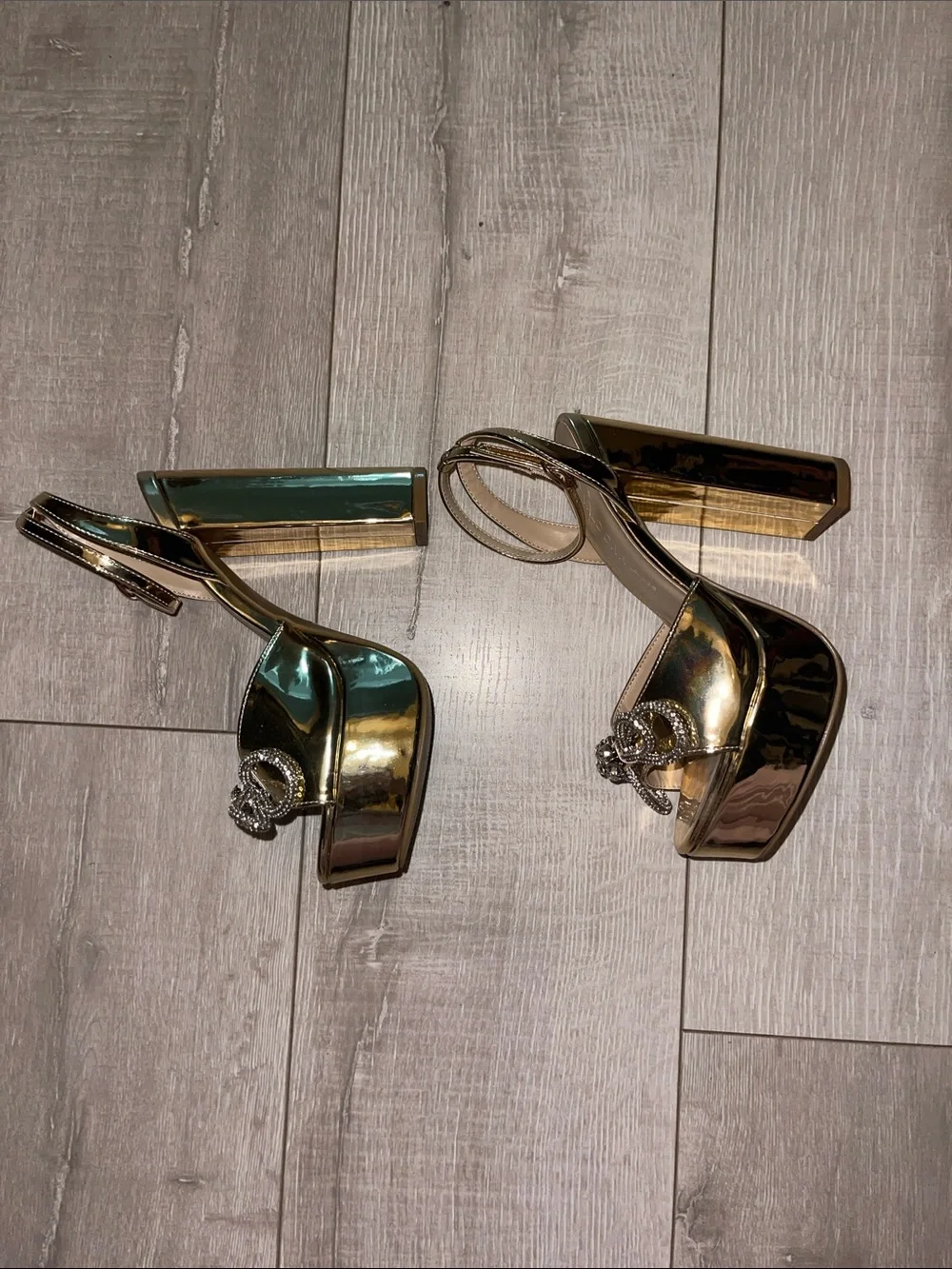 Gold Embellished Platform Heels - Women's Ankle Strap never worn! Size 6
